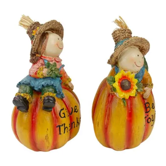 6.5" Girl & Boy Scarecrow Pumpkins Fall Figurines Set {3}