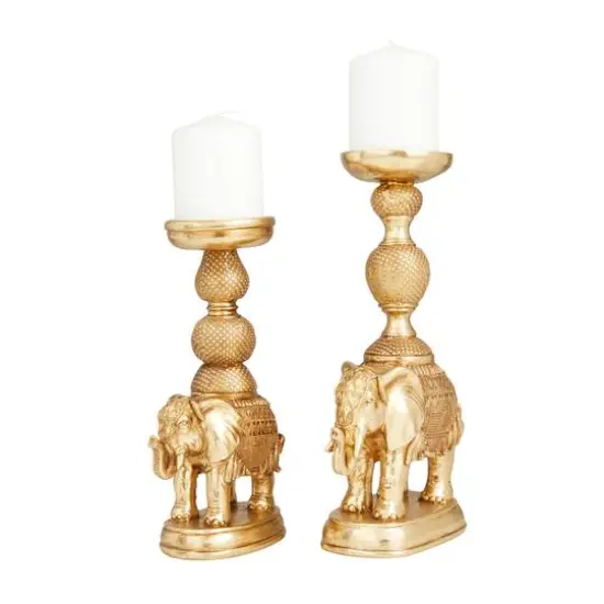 Set of 2 Gold Polystone Traditional Candle Holders, 13" x 4" x 6" {1}