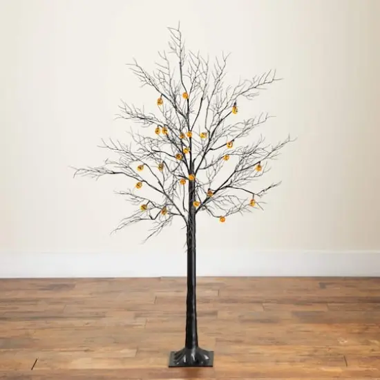 4ft. Pre-Lit Artificial Halloween Black Twig Tree with 24 Orange LED Pumpkin Shaped Lights {11}