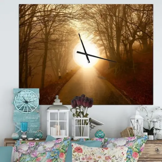 Designart Path To Sunlight In Autumn Forest Rectangular Wall Clock {3}