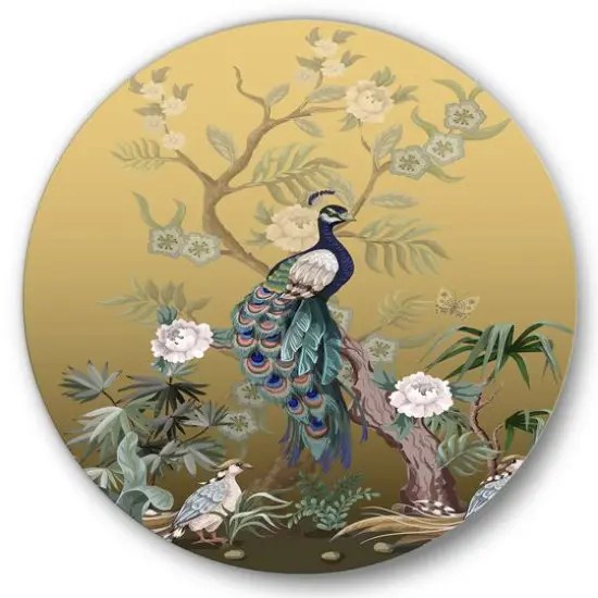 Designart - Chinoiserie With Birds and Peonies VI - Traditional Metal Circle Wall Art {2}