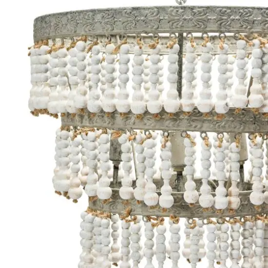 Hello Honey&reg; 20.5" Antique White 3-Tier Wood Bead Chandelier {15}