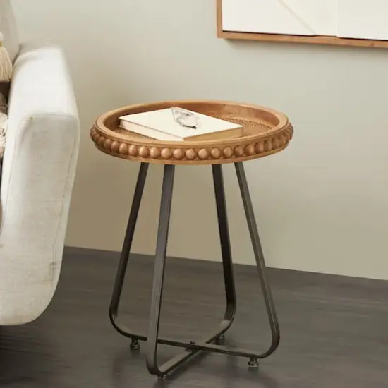 20.5" Brown Wood Beaded Accent Table with Rounded Gray Metal Base & Rattan Accent {3}
