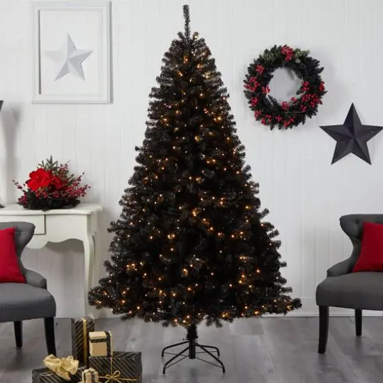 7ft. Pre-Lit Black Artificial Christmas Tree, Clear LED Lights {8}