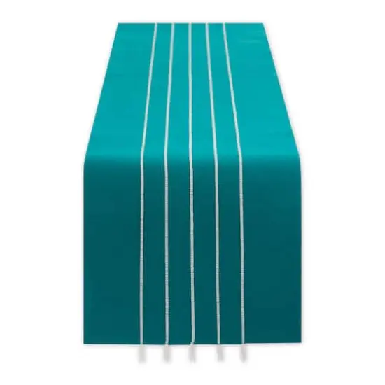 DII&reg; 108" Striped Tassel Table Runner Teal/Off White {1}