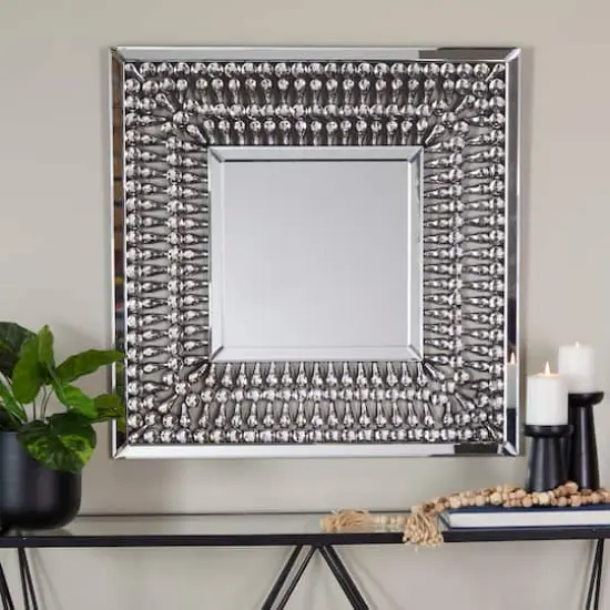 Silver Glass Wall Mirror with Crystal Embellishment 32" x 1" x 32" {7}
