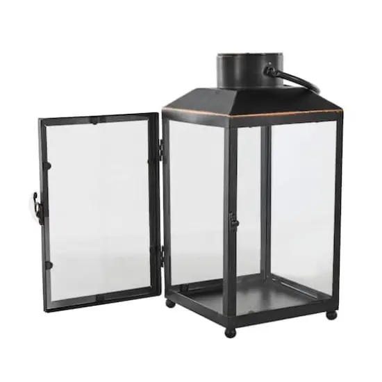 14" Black Metal Modern Candle Lantern with Gold Accents {4}