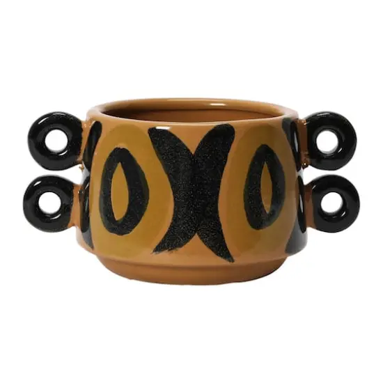 8" Brown and Black Hand Painted Stoneware Planter with Handles {1}