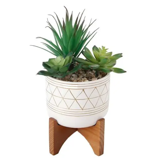 Flora Bunda® 5" Faux Succulents In Gold Paint Ceramic Footed Stand {1}