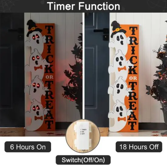 Glitzhome&reg; 42"H Lighted Halloween Wooden Stacked Ghost Porch Sign with Timer {6}