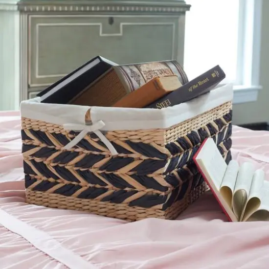 Household Essentials 9" Black & Natural Herringbone Wicker Storage Basket with Cloth Liner {3}