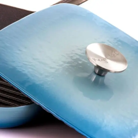 MegaChef 11" Square Blue Enamel Cast Iron Grill Pan with Matching Grill Press {10}