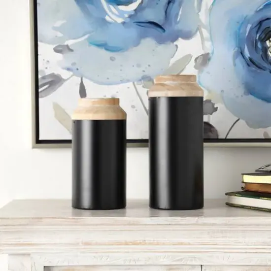 Black Wood Colorblock Vase with Light Brown Wood Tops Set {6}