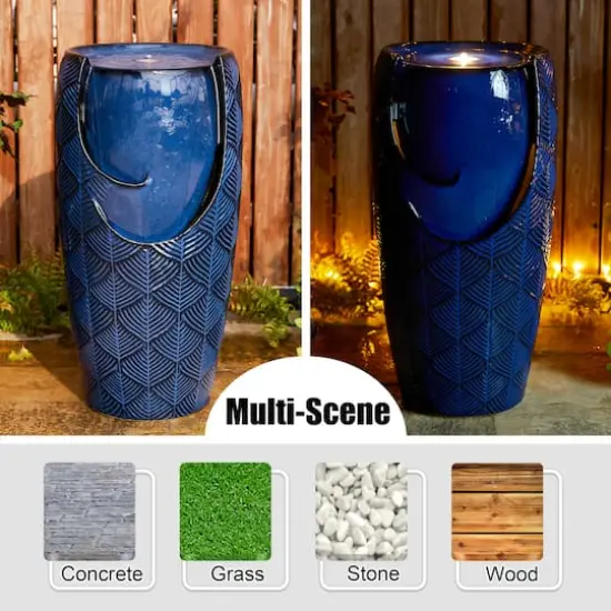 Glitzhome&reg; 29.25" LED Cobalt Blue Scale-Like Ceramic Pot Outdoor Floor Fountain {5}