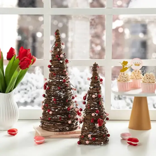 Glitzhome&reg; Valentine's Rattan Heart & Berries Table Tree Set {3}