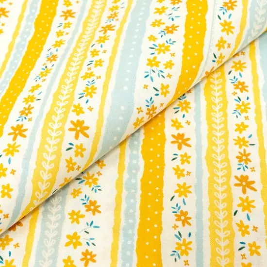 SINGER Blue & Yellow Flower Stripes Cotton Fabric {3}