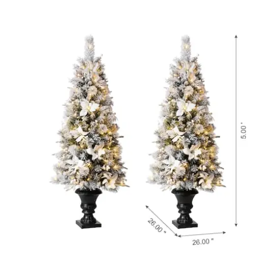 5ft. Pre-Lit Flocked Pine Artificial Christmas Tree in Planter Set, Warm White LED Lights {8}