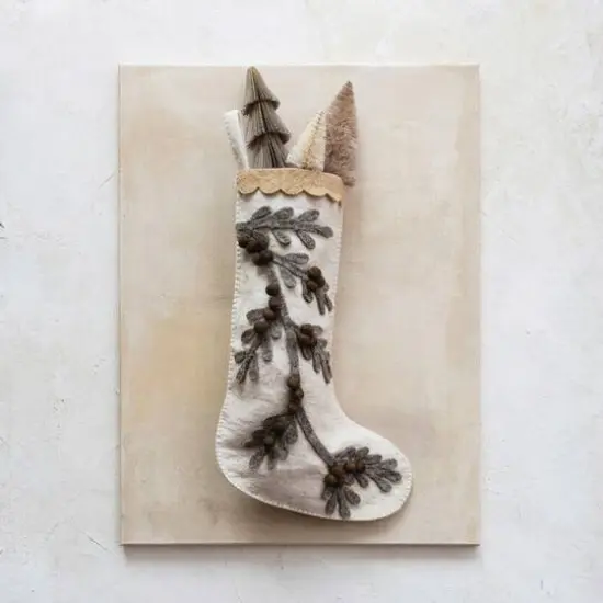 Hello Honey&reg; 17" Handmade Wool Felt Stocking with Appliqued Branch, Pom Poms & Scalloped Trim {3}