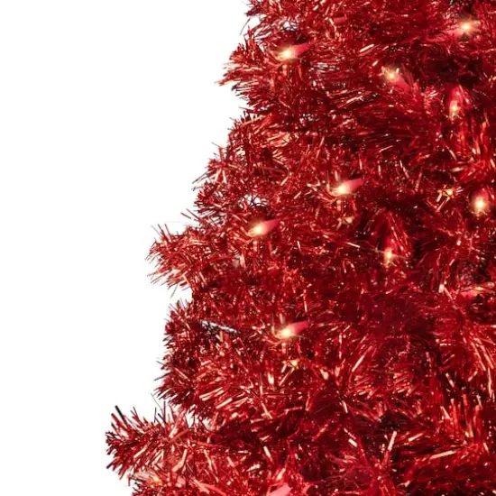 7ft. Pre-Lit Red Artificial Tinsel Christmas Tree, Clear Lights {4}