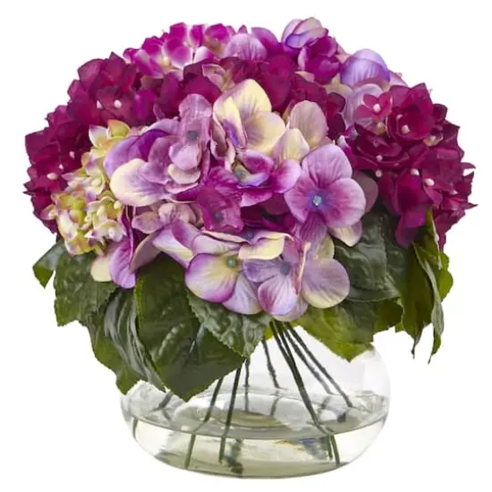 11" Dark Pink Hydrangea Arrangement in Glass Vase {1}