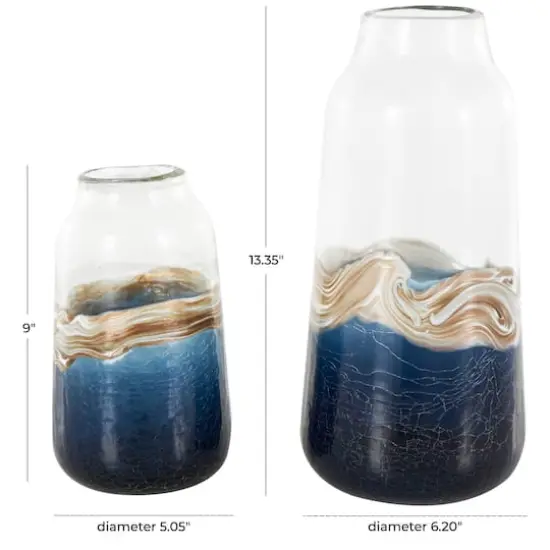 Dark Blue Glass Abstract Textured Swirl Decorative Vase Set with Gold & Cream Accents {7}