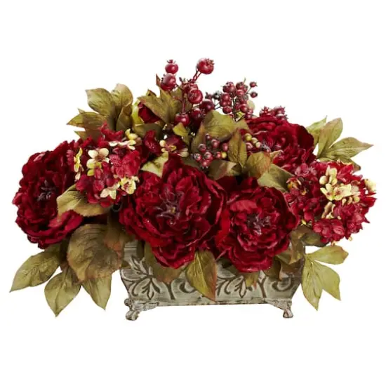 18" Red Peony & Hydrangea Arrangement in Decorative Planter {1}