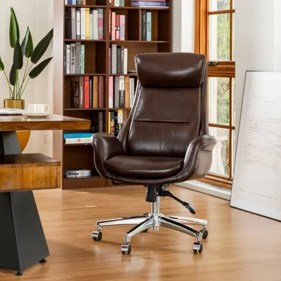 Glitzhome&reg; Mid-Century Modern Faux Leather Adjustable High Back Swivel Office Chair Coffee {3}