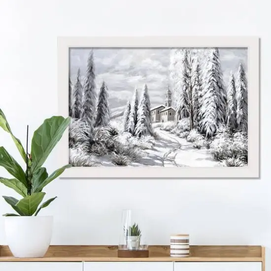 Snowy Forest White Framed Canvas Wall Art {3}
