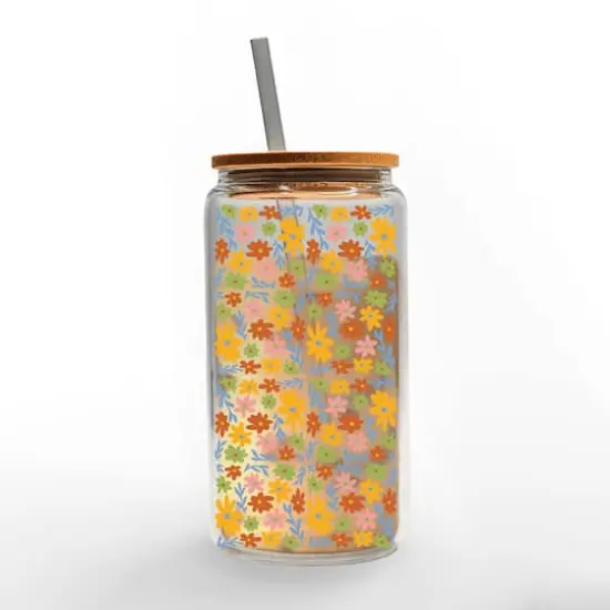 16oz. Simple Flower Pattern Glass Can Cup {3}