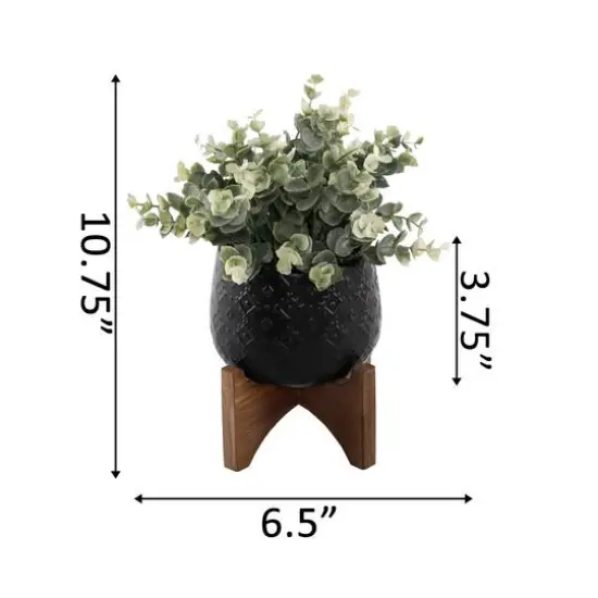 Flora Bunda&reg; 5" Eucalyptus Matte Black Indian Ceramic Pot On Wood Stand {3}