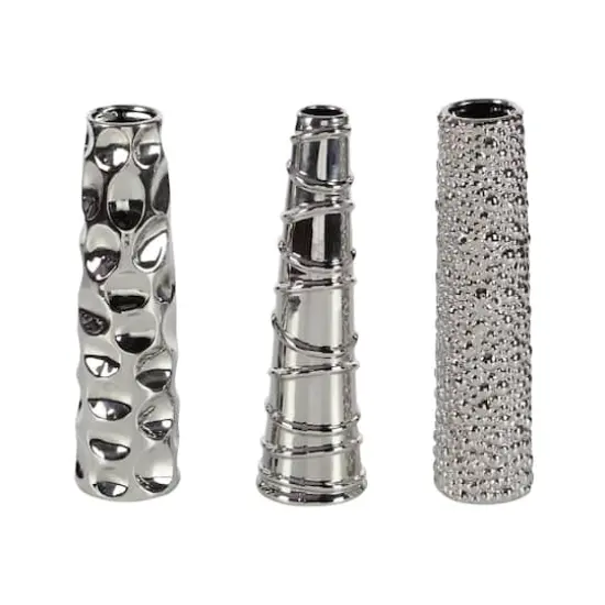 12" Silver Ceramic Abstract Glam Vase Set {8}
