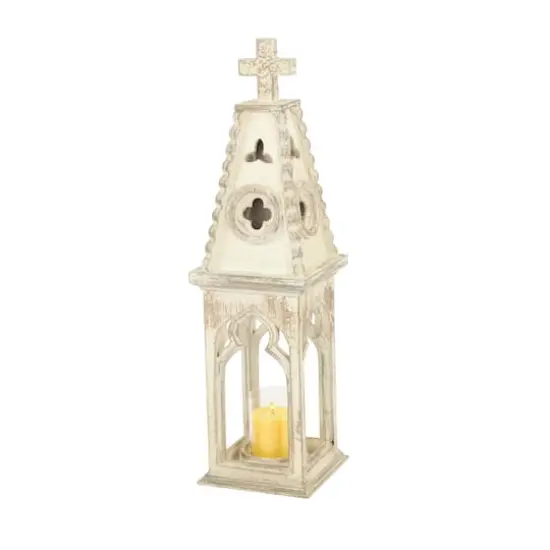 White Wood Vintage Candle Holder Lantern, 28" x 8" x 8" {1}