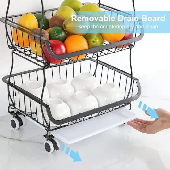 Black 4-Tier Fruit Storage Basket Rolling Cart {5}