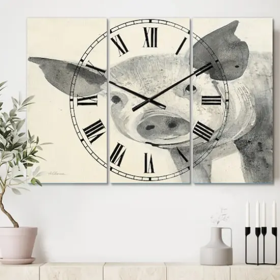 Designart 'Piglet Farmhouse Animal In Black And White Farmhouse Multipanel Wall Clock {3}