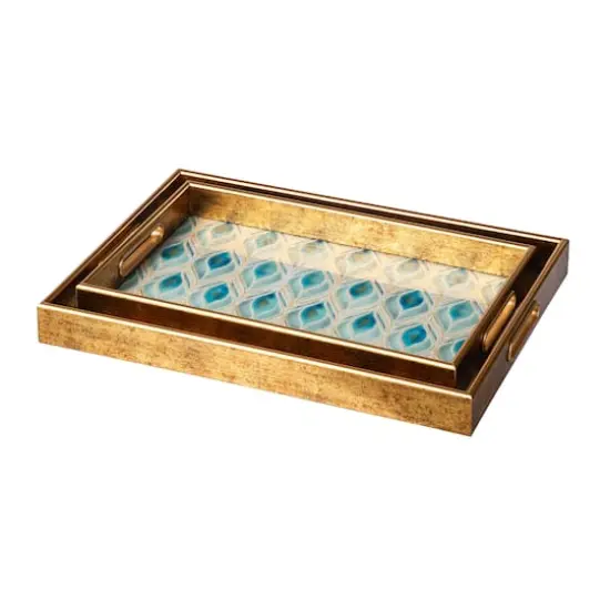 Glitzhome&reg; Rectangle Peacock Feathers Patterned Decorative Trays Set {6}