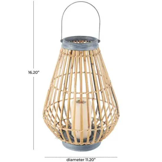 16" Brown Bamboo Handmade Open Framed Candle Lantern with Blue Metal Accents & Handle {9}