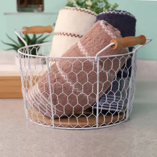6" Chicken Wire Basket with Wood Look Base {7}