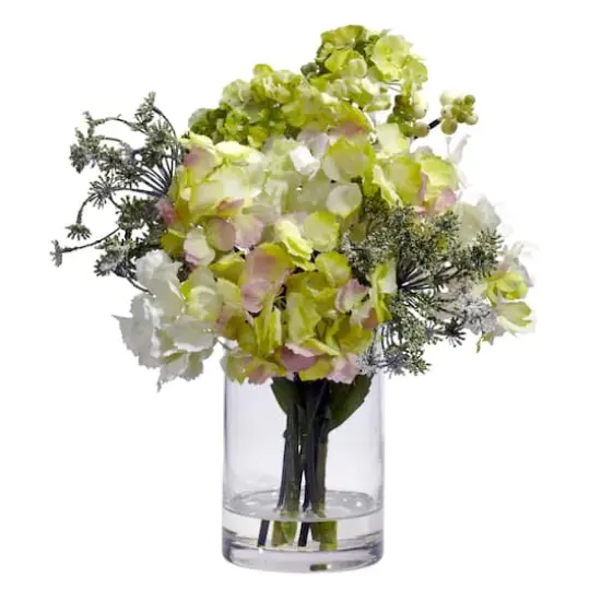 14" Cream & Green Hydrangea Silk Arrangement in Vase {1}