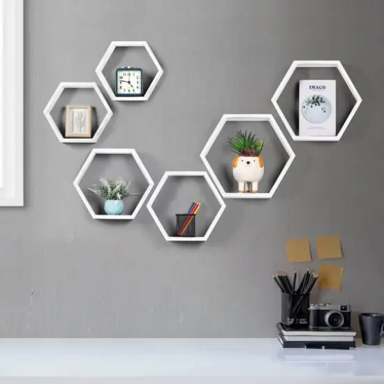 NEX&trade; LIANTRAL Hexagon Floating Wood Shelves Set {6}