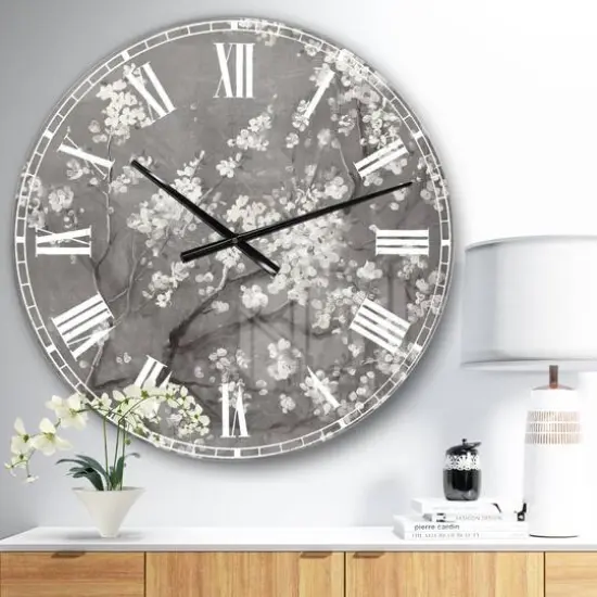Designart 'White Cherry Blossoms I Traditional Wall Clock {3}