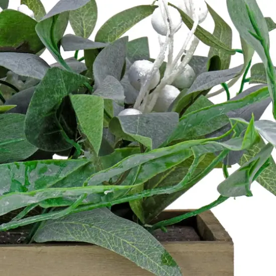 22" Frosted Christmas Leaves with White Berry Wooden Box Centerpiece {4}
