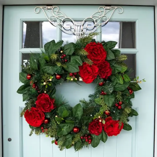 Village Lighting 30" LED Red Peonies & Berry Wreath {7}