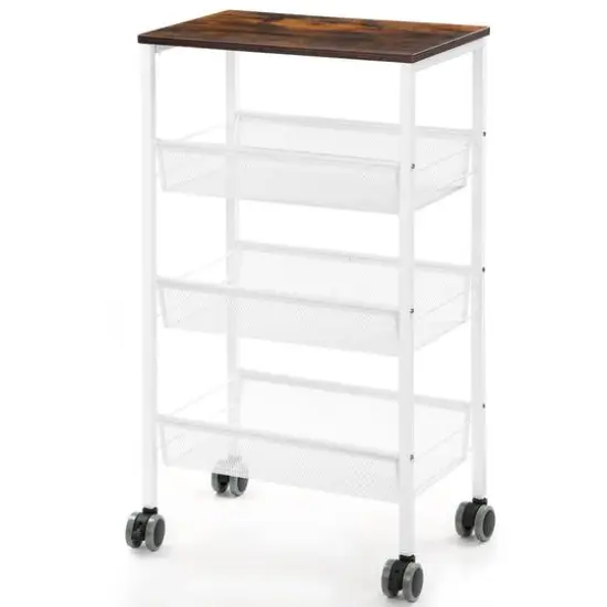 White 3-Tier Kitchen Storage Rack Cart with Lockable Wheels & Wood Top {1}