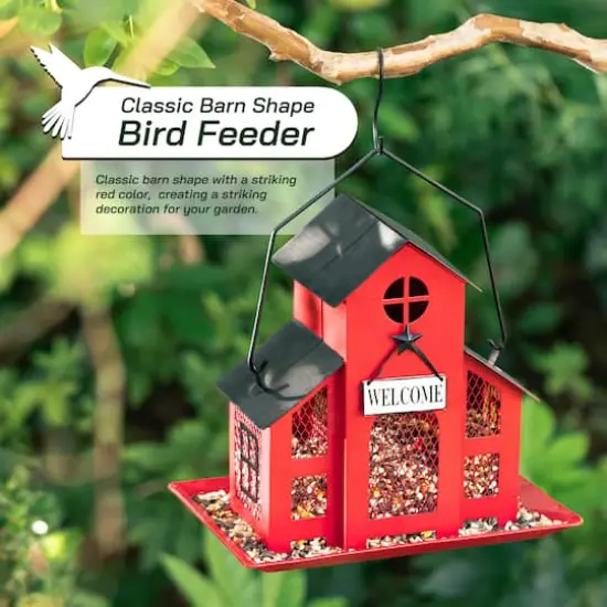 Glitzhome&reg; 12" Red Metal Barn Hanging Bird Feeder {5}