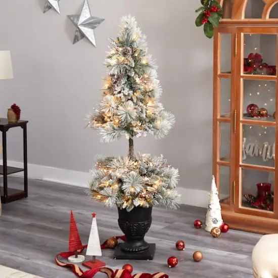 5ft. Pre-Lit Flocked Artificial Christmas Tree in Decorative Urn, White LED Lights {3}
