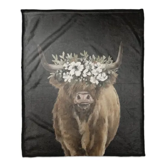 50" x 60" Highland Cow with Flower Crown Coral Fleece Blanket {1}