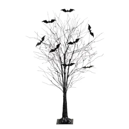 5ft. Pre-Lit Artificial Halloween Black Twig Tree with Bats and 50 Warm White LED Lights {10}