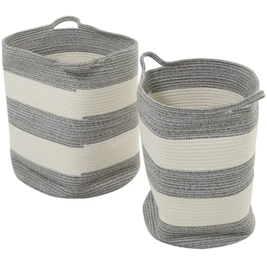 Gray Cotton Handmade Striped Storage Basket with Handles Set of 2 19", 19" {3}
