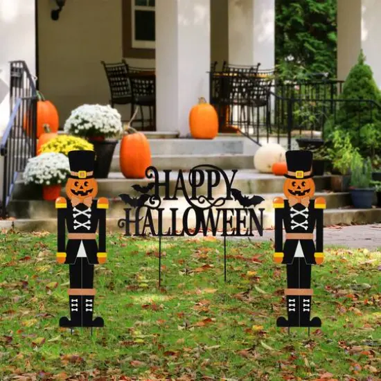 Glitzhome&reg; 32"H Halloween Metal Nutcracker and HAPPY HALLOWEEN Yard Stake Set {3}