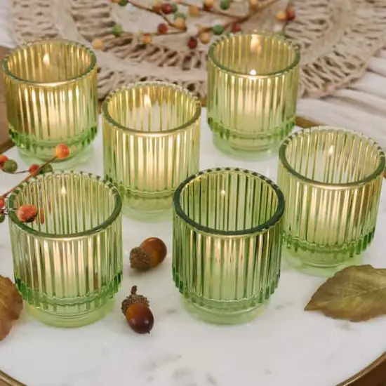 Kate Aspen Ribbed Green Glass Votive Candle Holder Set, 6ct. {1}